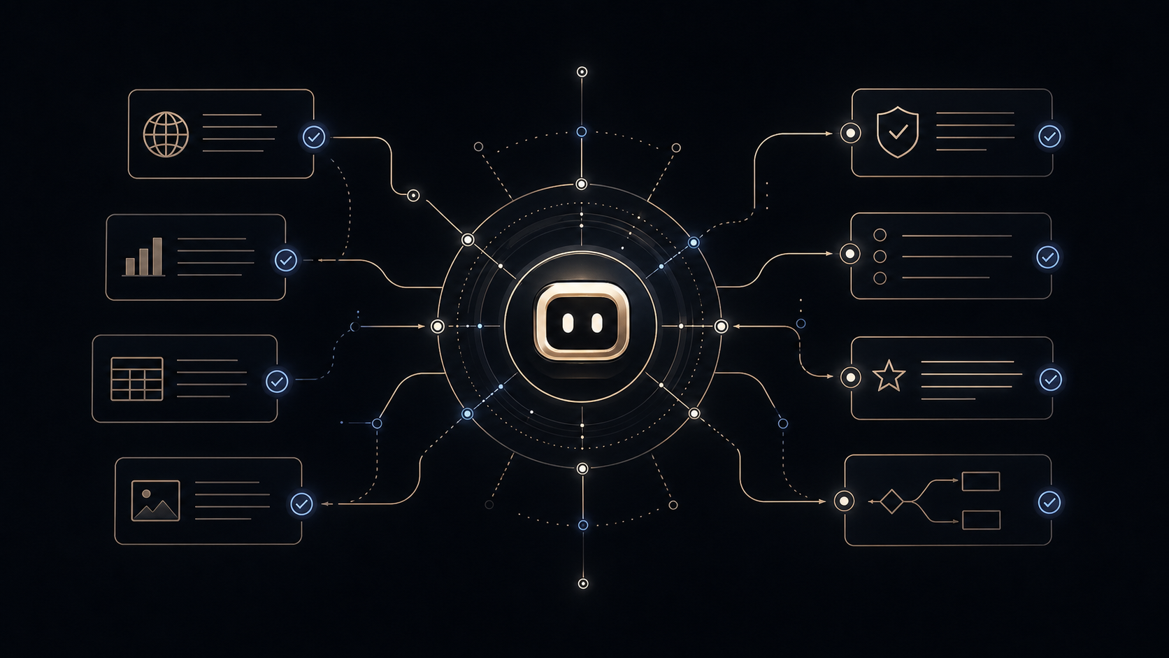 A verification network connecting an AI memory core to evidence cards and checked facts.